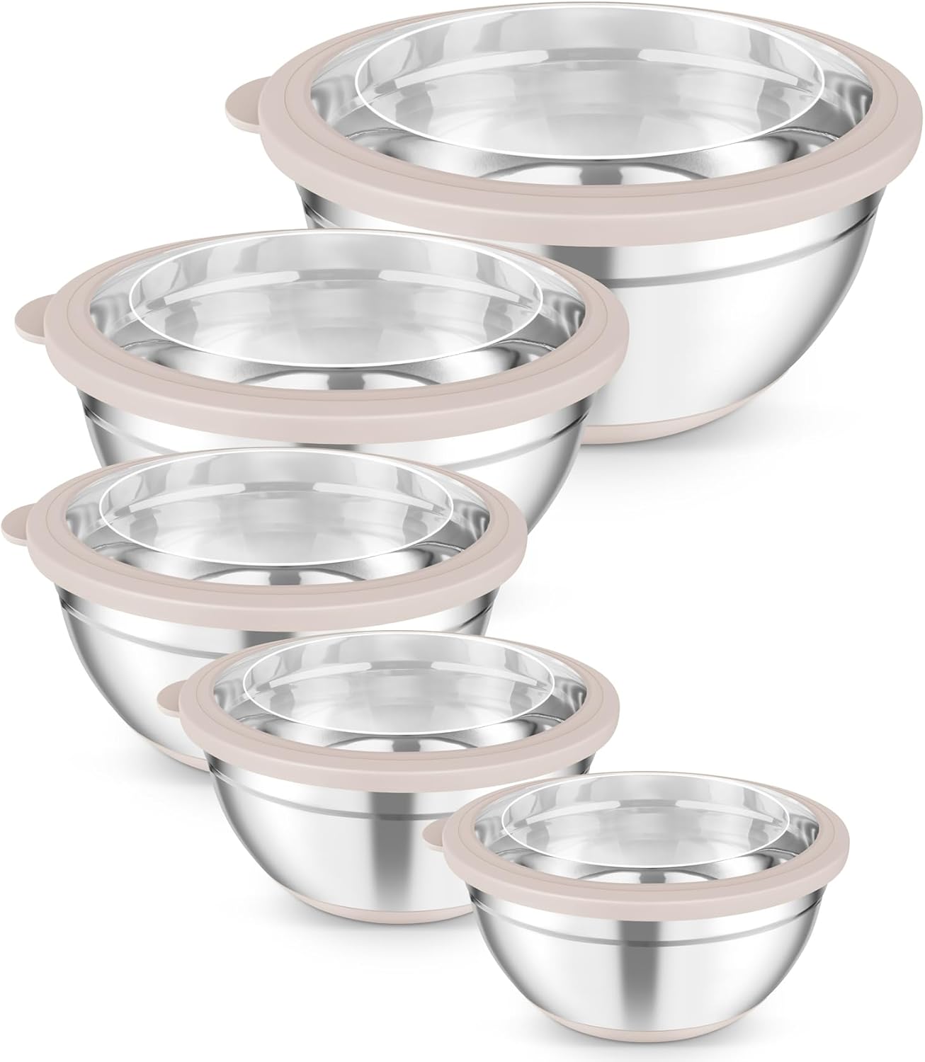 Mixing Bowls, Salad Bowls with Transparent Airtight Lids, Black | 5PCS Stainless Steel Serving Bowls For Kitchen Mixing/Baking/Storing/Prepping, Non-Slip Bottom - 4.6/3.5/1.5/1/0.7 QT