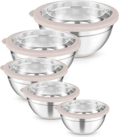 Mixing Bowls, Salad Bowls with Transparent Airtight Lids, Black | 5PCS Stainless Steel Serving Bowls For Kitchen Mixing/Baking/Storing/Prepping, Non-Slip Bottom - 4.6/3.5/1.5/1/0.7 QT