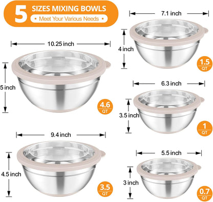 Mixing Bowls, Salad Bowls with Transparent Airtight Lids, Black | 5PCS Stainless Steel Serving Bowls For Kitchen Mixing/Baking/Storing/Prepping, Non-Slip Bottom - 4.6/3.5/1.5/1/0.7 QT