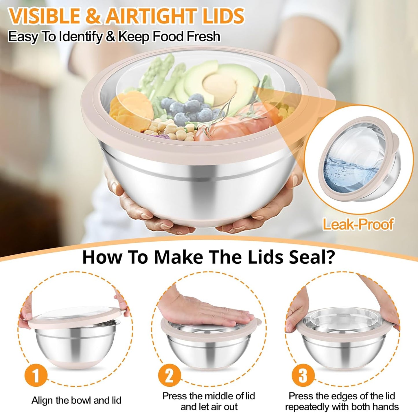Mixing Bowls, Salad Bowls with Transparent Airtight Lids, Black | 5PCS Stainless Steel Serving Bowls For Kitchen Mixing/Baking/Storing/Prepping, Non-Slip Bottom - 4.6/3.5/1.5/1/0.7 QT