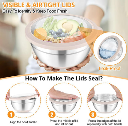 Mixing Bowls, Salad Bowls with Transparent Airtight Lids, Black | 5PCS Stainless Steel Serving Bowls For Kitchen Mixing/Baking/Storing/Prepping, Non-Slip Bottom - 4.6/3.5/1.5/1/0.7 QT