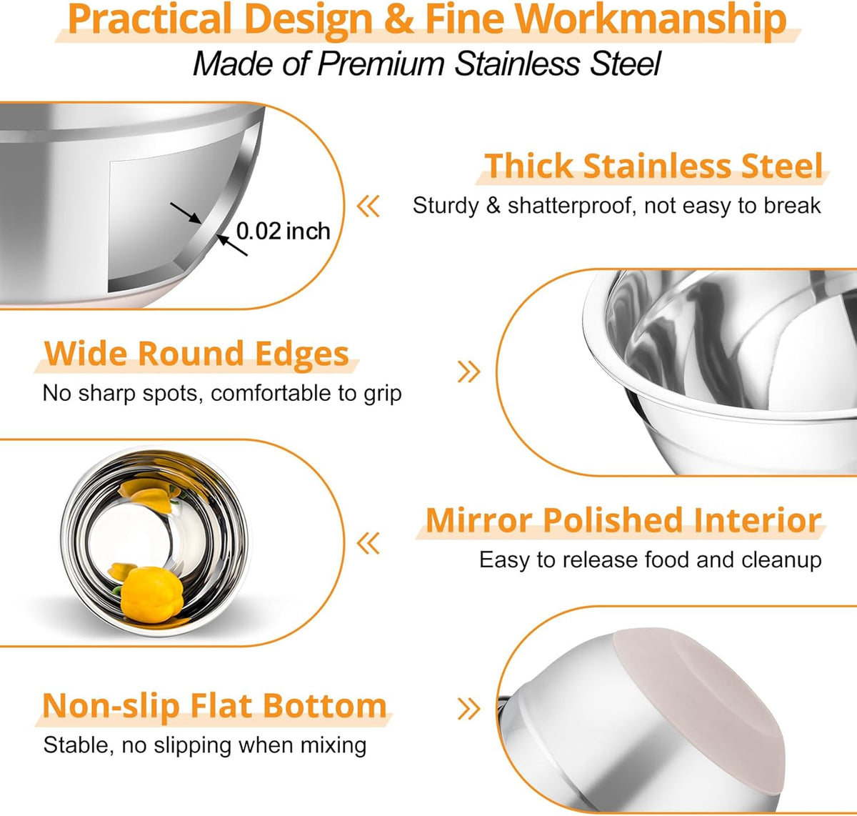 Mixing Bowls, Salad Bowls with Transparent Airtight Lids, Black | 5PCS Stainless Steel Serving Bowls For Kitchen Mixing/Baking/Storing/Prepping, Non-Slip Bottom - 4.6/3.5/1.5/1/0.7 QT