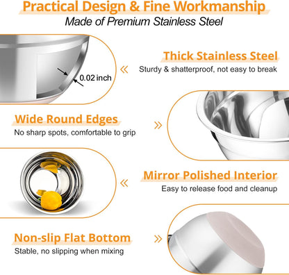 Mixing Bowls, Salad Bowls with Transparent Airtight Lids, Black | 5PCS Stainless Steel Serving Bowls For Kitchen Mixing/Baking/Storing/Prepping, Non-Slip Bottom - 4.6/3.5/1.5/1/0.7 QT