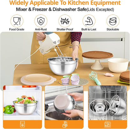 Mixing Bowls, Salad Bowls with Transparent Airtight Lids, Black | 5PCS Stainless Steel Serving Bowls For Kitchen Mixing/Baking/Storing/Prepping, Non-Slip Bottom - 4.6/3.5/1.5/1/0.7 QT