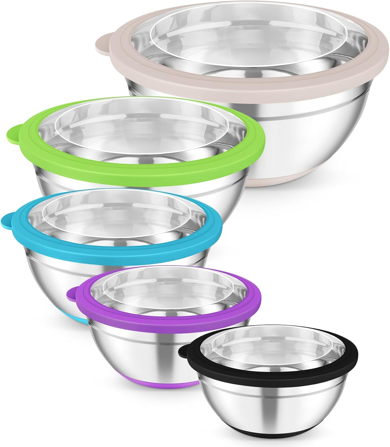 Mixing Bowls, Salad Bowls with Transparent Airtight Lids, Black | 5PCS Stainless Steel Serving Bowls For Kitchen Mixing/Baking/Storing/Prepping, Non-Slip Bottom - 4.6/3.5/1.5/1/0.7 QT