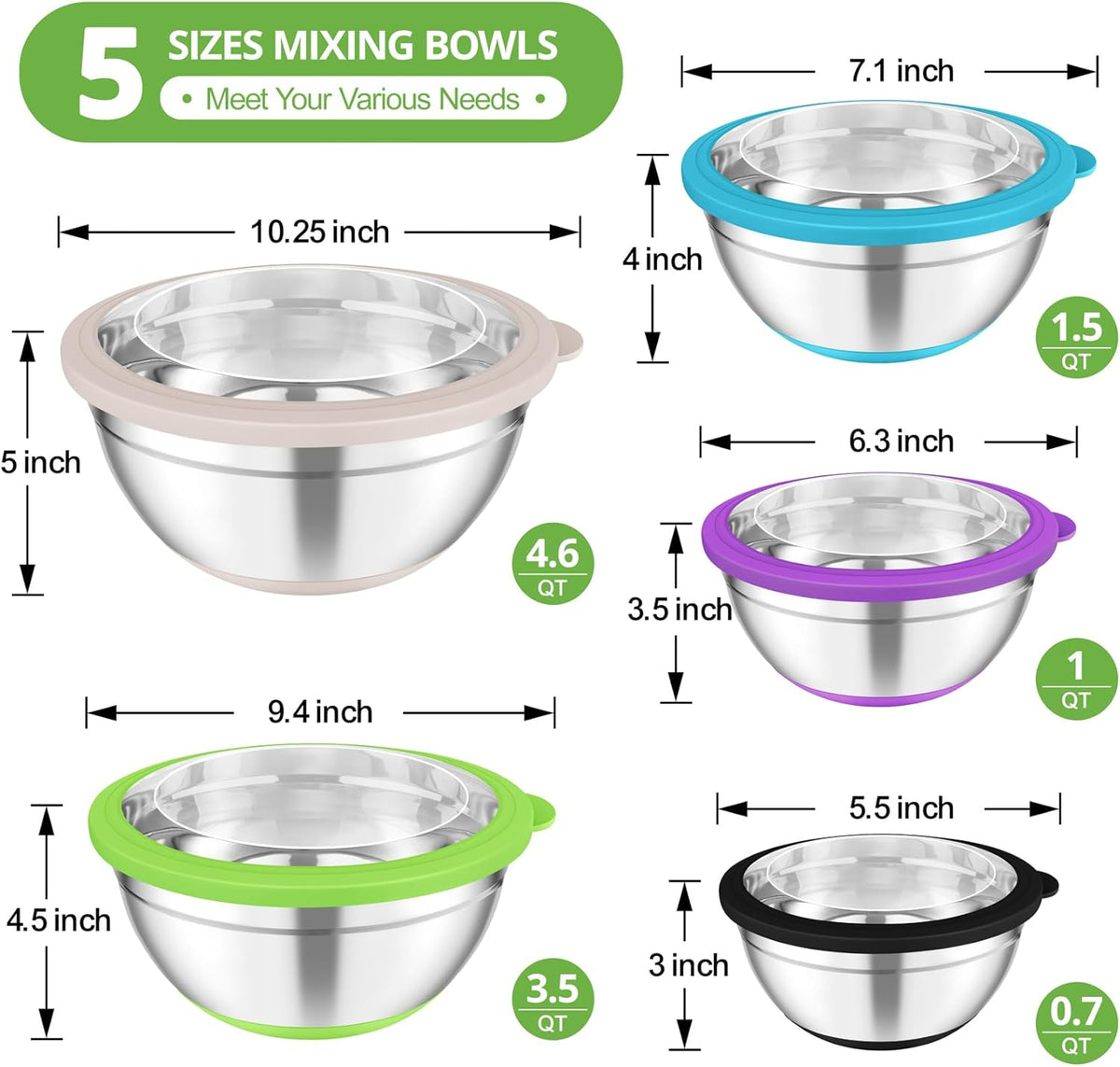 Mixing Bowls, Salad Bowls with Transparent Airtight Lids, Black | 5PCS Stainless Steel Serving Bowls For Kitchen Mixing/Baking/Storing/Prepping, Non-Slip Bottom - 4.6/3.5/1.5/1/0.7 QT