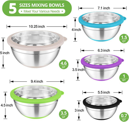 Mixing Bowls, Salad Bowls with Transparent Airtight Lids, Black | 5PCS Stainless Steel Serving Bowls For Kitchen Mixing/Baking/Storing/Prepping, Non-Slip Bottom - 4.6/3.5/1.5/1/0.7 QT