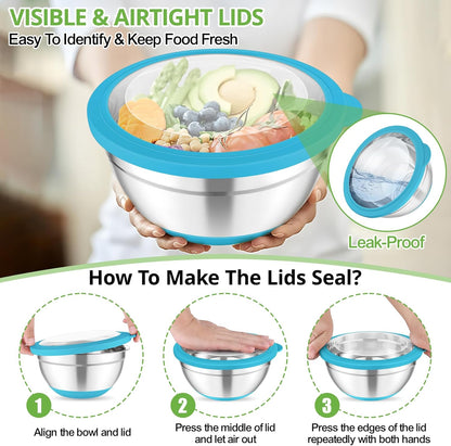 Mixing Bowls, Salad Bowls with Transparent Airtight Lids, Black | 5PCS Stainless Steel Serving Bowls For Kitchen Mixing/Baking/Storing/Prepping, Non-Slip Bottom - 4.6/3.5/1.5/1/0.7 QT
