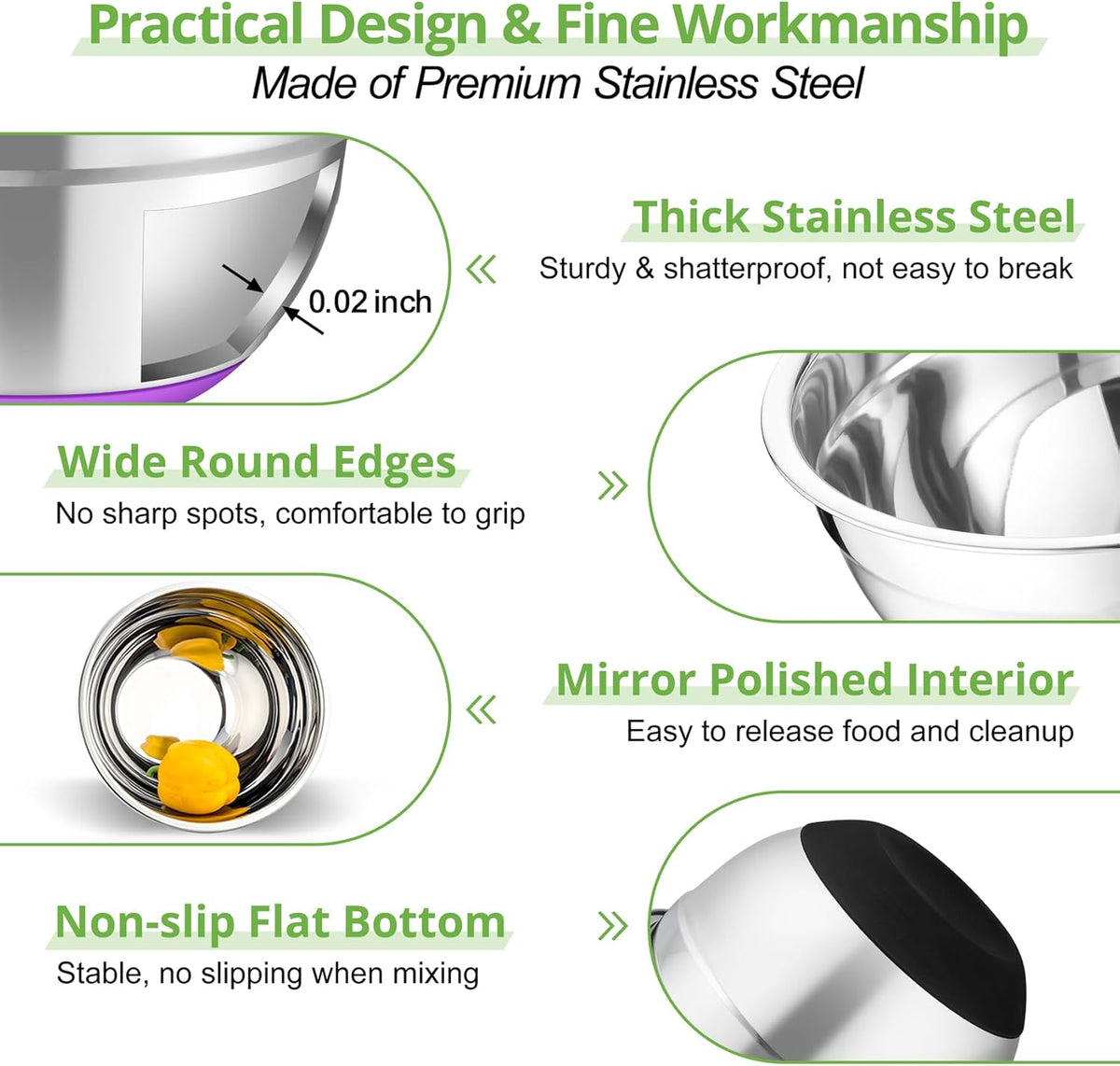 Mixing Bowls, Salad Bowls with Transparent Airtight Lids, Black | 5PCS Stainless Steel Serving Bowls For Kitchen Mixing/Baking/Storing/Prepping, Non-Slip Bottom - 4.6/3.5/1.5/1/0.7 QT