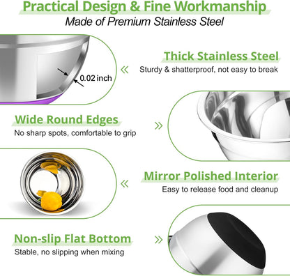 Mixing Bowls, Salad Bowls with Transparent Airtight Lids, Black | 5PCS Stainless Steel Serving Bowls For Kitchen Mixing/Baking/Storing/Prepping, Non-Slip Bottom - 4.6/3.5/1.5/1/0.7 QT