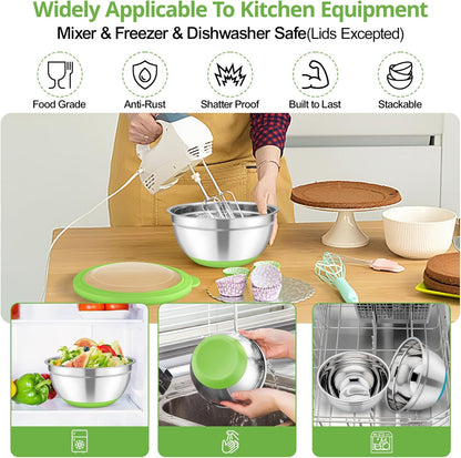 Mixing Bowls, Salad Bowls with Transparent Airtight Lids, Black | 5PCS Stainless Steel Serving Bowls For Kitchen Mixing/Baking/Storing/Prepping, Non-Slip Bottom - 4.6/3.5/1.5/1/0.7 QT