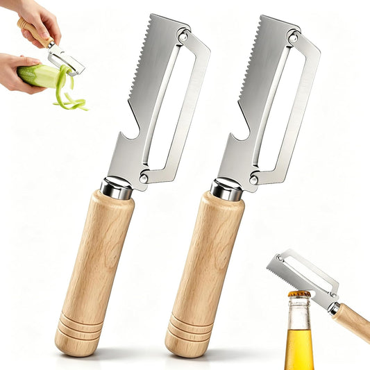 Multifunctional Vegetable Peeler Set, Handheld Fruit Peeler with Ultra-Sharp Stainless Steel Blade, Wooden Handle & Bottle Opener, Kitchen Tool for Potato Pumpkin Apple Carrot, 2 Pack