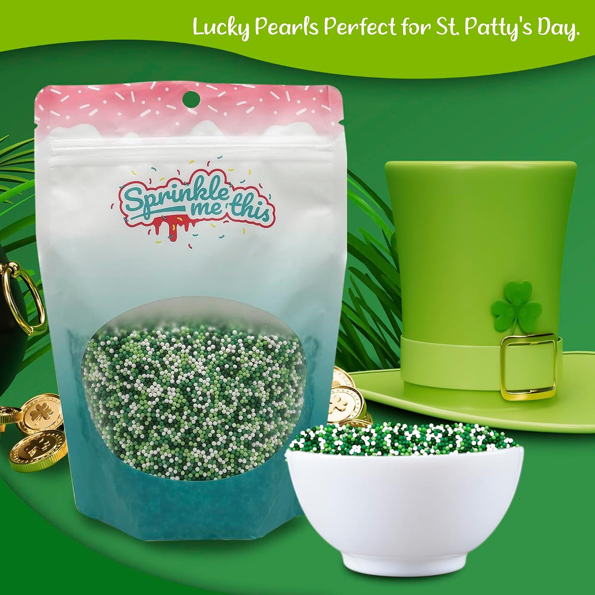 St. Paddy's Pearls | 12 Oz Stand Up Sprinkle Bag | St. Patrick's Day Themed Sprinkle Blend | Mini Sugar Pearls in Green, Lime, and White Colors | Toppings for Cakes, Pastries, and Desserts