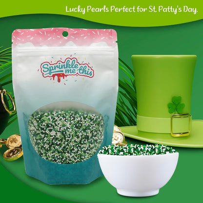 St. Paddy's Pearls | 12 Oz Stand Up Sprinkle Bag | St. Patrick's Day Themed Sprinkle Blend | Mini Sugar Pearls in Green, Lime, and White Colors | Toppings for Cakes, Pastries, and Desserts