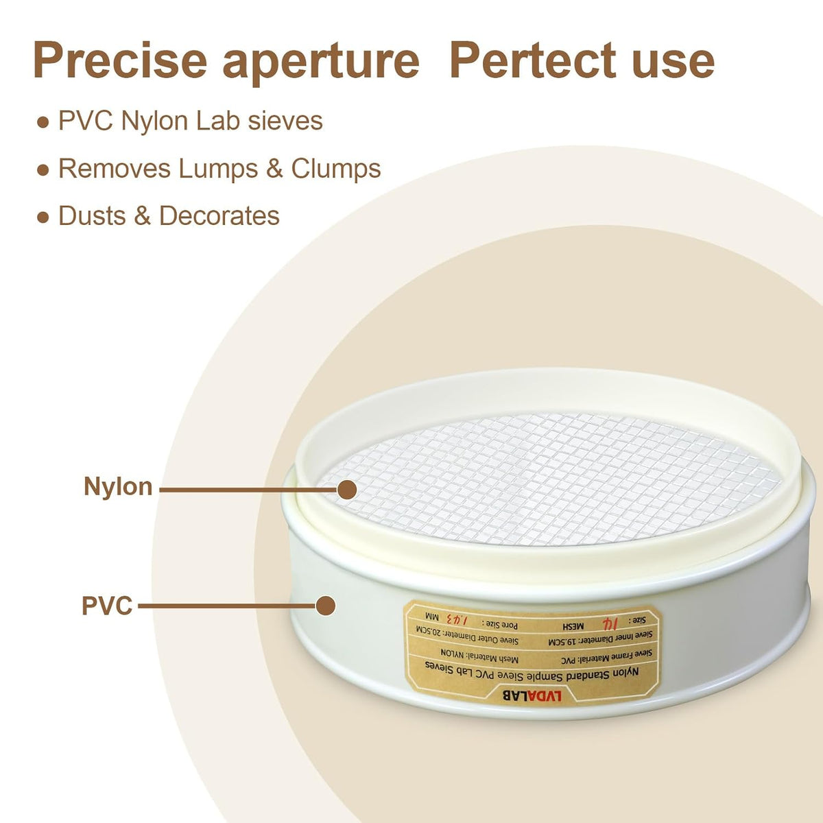 7.9" (20cm) PVC Lab Sieve, Nylon Mesh, 80 Mesh (0.2mm) Screen Sifter