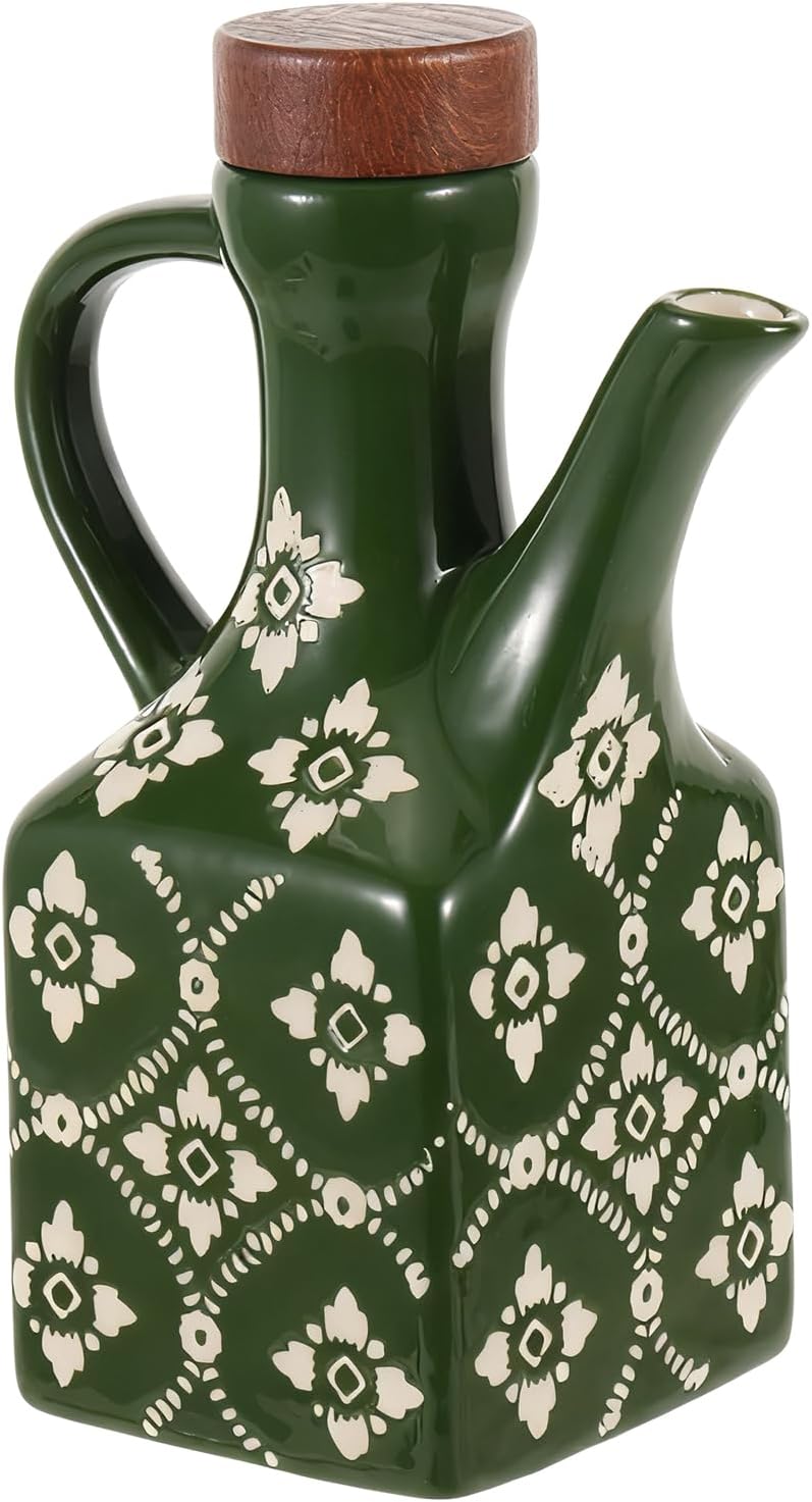 8.5 oz Ceramic Olive Oil Dispenser Bottle Decorative Olive Oil Dispenser Bottle with Handle & Wooden Stopper Relief Opaque Ceramic Oil Cruet for Kitchen Cooking Oil Vinegar (Green)