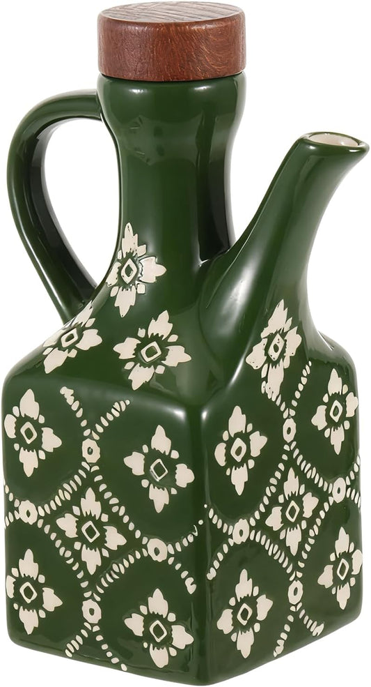 8.5 oz Ceramic Olive Oil Dispenser Bottle Decorative Olive Oil Dispenser Bottle with Handle & Wooden Stopper Relief Opaque Ceramic Oil Cruet for Kitchen Cooking Oil Vinegar (Green)