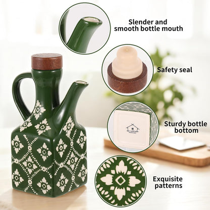 8.5 oz Ceramic Olive Oil Dispenser Bottle Decorative Olive Oil Dispenser Bottle with Handle & Wooden Stopper Relief Opaque Ceramic Oil Cruet for Kitchen Cooking Oil Vinegar (Green)