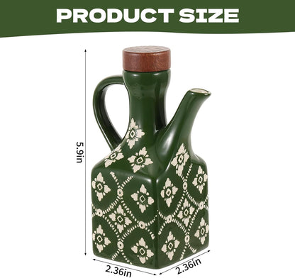 8.5 oz Ceramic Olive Oil Dispenser Bottle Decorative Olive Oil Dispenser Bottle with Handle & Wooden Stopper Relief Opaque Ceramic Oil Cruet for Kitchen Cooking Oil Vinegar (Green)