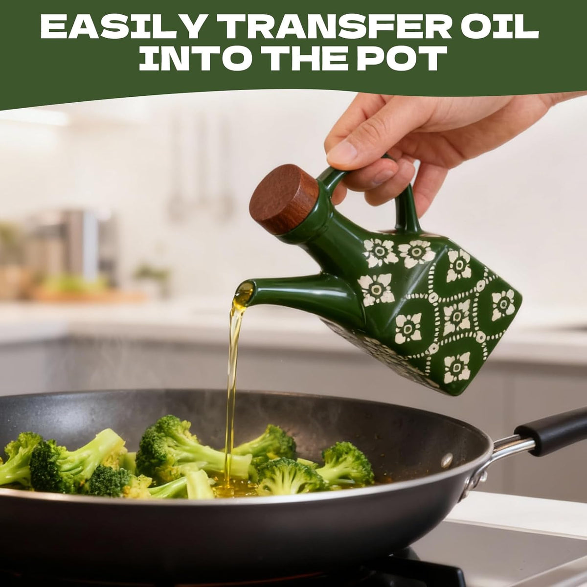8.5 oz Ceramic Olive Oil Dispenser Bottle Decorative Olive Oil Dispenser Bottle with Handle & Wooden Stopper Relief Opaque Ceramic Oil Cruet for Kitchen Cooking Oil Vinegar (Green)