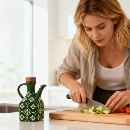 8.5 oz Ceramic Olive Oil Dispenser Bottle Decorative Olive Oil Dispenser Bottle with Handle & Wooden Stopper Relief Opaque Ceramic Oil Cruet for Kitchen Cooking Oil Vinegar (Green)