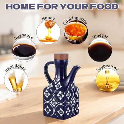 8.5 oz Ceramic Olive Oil Dispenser Bottle Decorative Olive Oil Dispenser Bottle with Handle & Wooden Stopper Relief Opaque Ceramic Oil Cruet for Kitchen Cooking Oil Vinegar (Green)