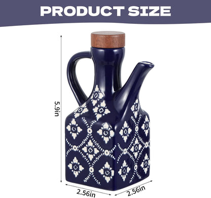 8.5 oz Ceramic Olive Oil Dispenser Bottle Decorative Olive Oil Dispenser Bottle with Handle & Wooden Stopper Relief Opaque Ceramic Oil Cruet for Kitchen Cooking Oil Vinegar (Green)