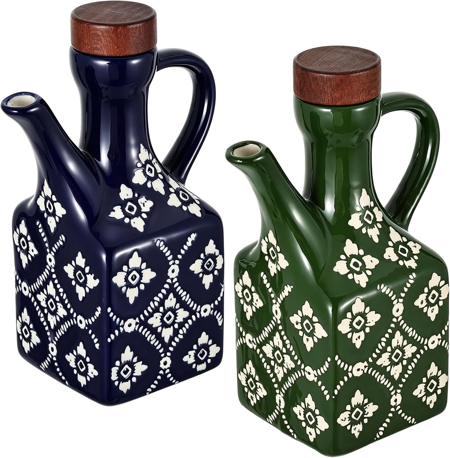 8.5 oz Ceramic Olive Oil Dispenser Bottle Decorative Olive Oil Dispenser Bottle with Handle & Wooden Stopper Relief Opaque Ceramic Oil Cruet for Kitchen Cooking Oil Vinegar (Green)