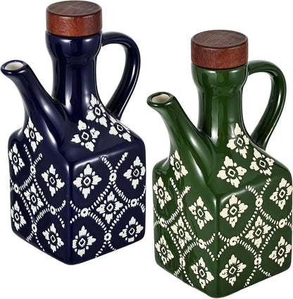 8.5 oz Ceramic Olive Oil Dispenser Bottle Decorative Olive Oil Dispenser Bottle with Handle & Wooden Stopper Relief Opaque Ceramic Oil Cruet for Kitchen Cooking Oil Vinegar (Green)