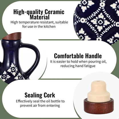8.5 oz Ceramic Olive Oil Dispenser Bottle Decorative Olive Oil Dispenser Bottle with Handle & Wooden Stopper Relief Opaque Ceramic Oil Cruet for Kitchen Cooking Oil Vinegar (Green)
