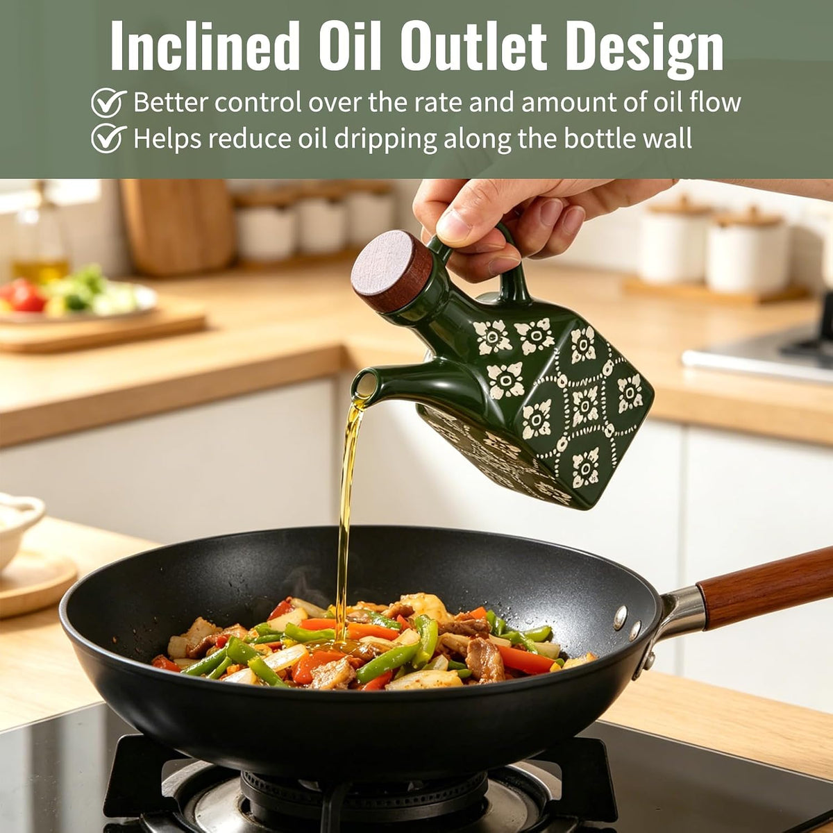 8.5 oz Ceramic Olive Oil Dispenser Bottle Decorative Olive Oil Dispenser Bottle with Handle & Wooden Stopper Relief Opaque Ceramic Oil Cruet for Kitchen Cooking Oil Vinegar (Green)