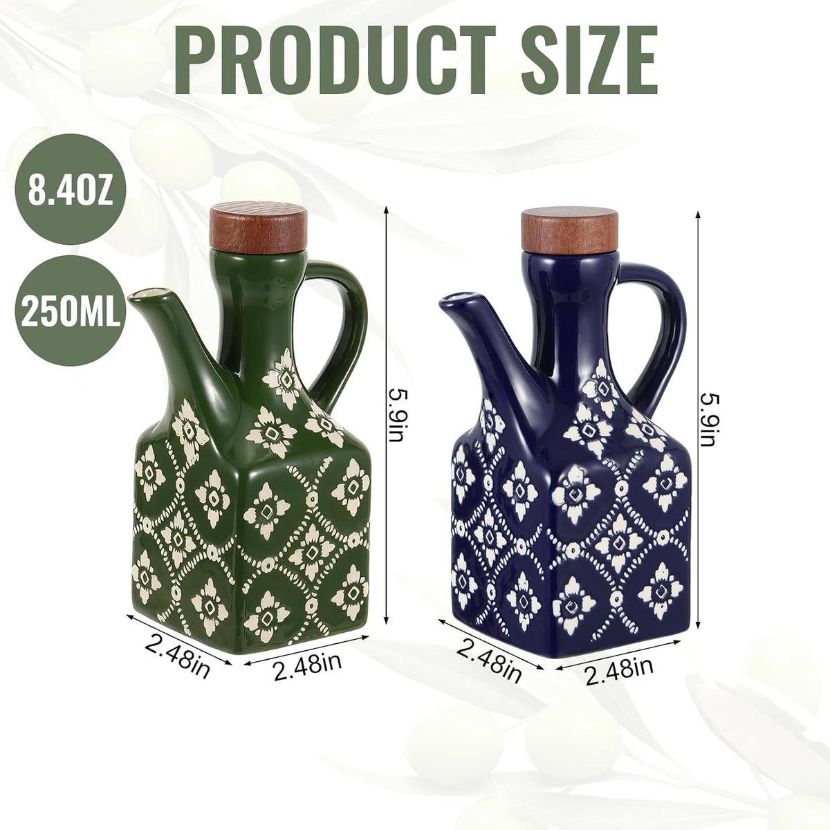 8.5 oz Ceramic Olive Oil Dispenser Bottle Decorative Olive Oil Dispenser Bottle with Handle & Wooden Stopper Relief Opaque Ceramic Oil Cruet for Kitchen Cooking Oil Vinegar (Green)