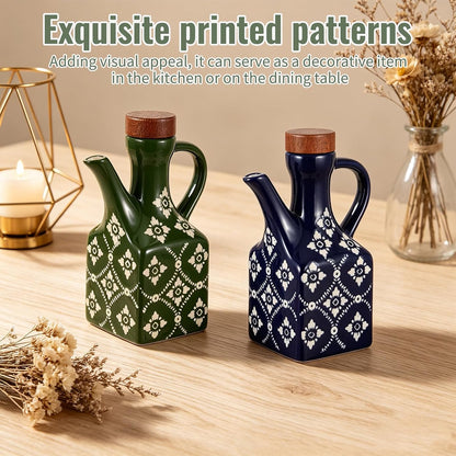 8.5 oz Ceramic Olive Oil Dispenser Bottle Decorative Olive Oil Dispenser Bottle with Handle & Wooden Stopper Relief Opaque Ceramic Oil Cruet for Kitchen Cooking Oil Vinegar (Green)