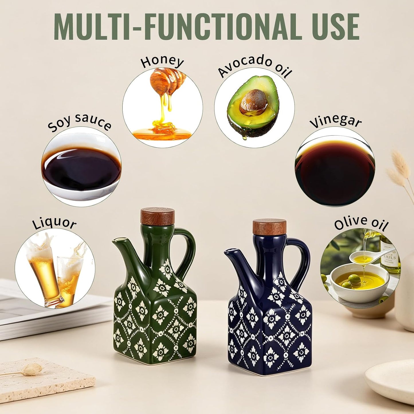 8.5 oz Ceramic Olive Oil Dispenser Bottle Decorative Olive Oil Dispenser Bottle with Handle & Wooden Stopper Relief Opaque Ceramic Oil Cruet for Kitchen Cooking Oil Vinegar (Green)