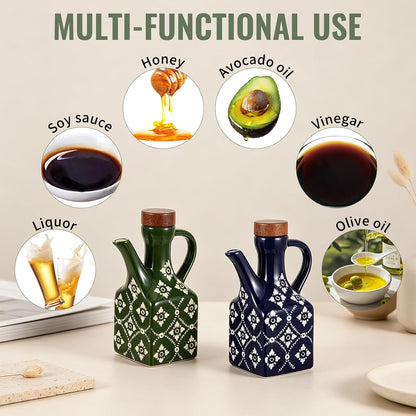 8.5 oz Ceramic Olive Oil Dispenser Bottle Decorative Olive Oil Dispenser Bottle with Handle & Wooden Stopper Relief Opaque Ceramic Oil Cruet for Kitchen Cooking Oil Vinegar (Green)