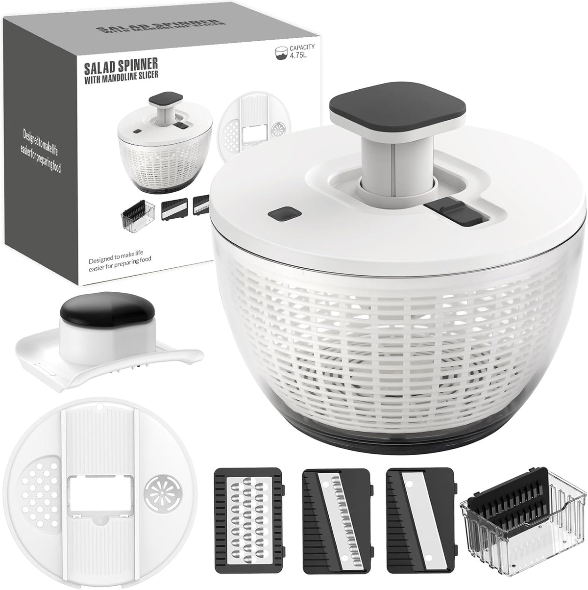 Salad Spinner Large, Lettuce Spinner, Fruits and Vegetables Washer with 4 Blades Slicer, One-handed Easy Press Large Vegetable Dryer Salad Mixer, 5 Quart Capacity, Grey
