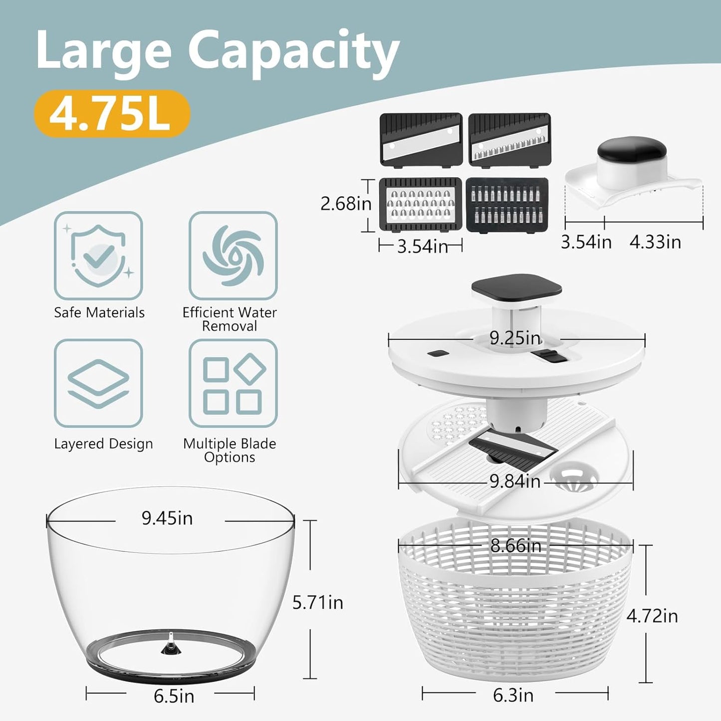 Salad Spinner Large, Lettuce Spinner, Fruits and Vegetables Washer with 4 Blades Slicer, One-handed Easy Press Large Vegetable Dryer Salad Mixer, 5 Quart Capacity, Grey