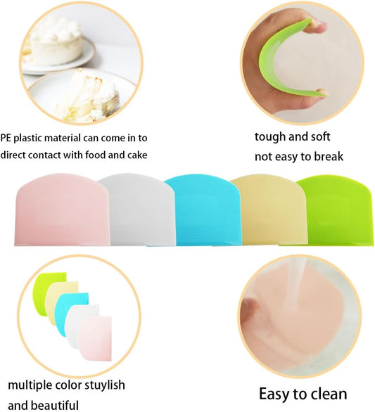 5 Pack Flexible Plastic Dough Scrapers, Multipurpose Bench Cutters for Bread Cake Pastry, Pastry Dividers, Lightweight Baking Tools for Home Kitchen, Bakery, Cooking Class