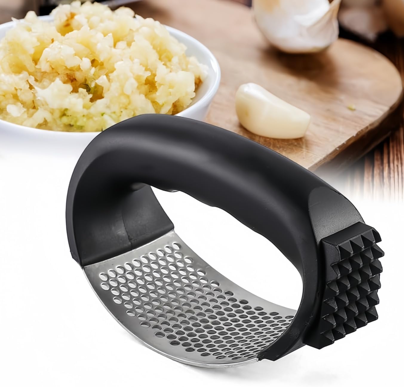Garlic Press Rocker, Stainless Steel Garlic Mincer and Garlic Crusher, Easy-Squeeze Garlic Tool with Peeler and Cleaning Brush for Smashing Garlic
