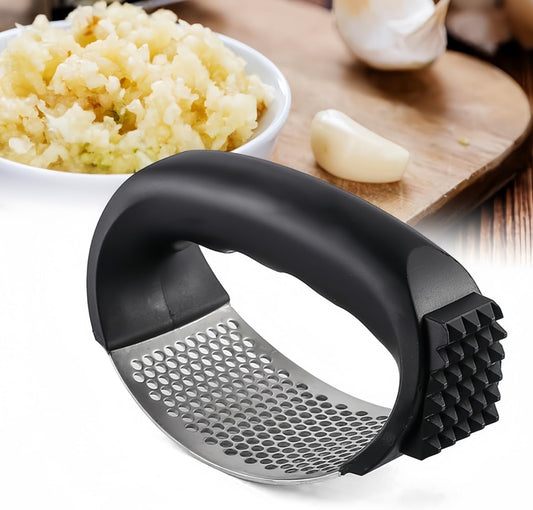 Garlic Press Rocker, Stainless Steel Garlic Mincer and Garlic Crusher, Easy-Squeeze Garlic Tool with Peeler and Cleaning Brush for Smashing Garlic
