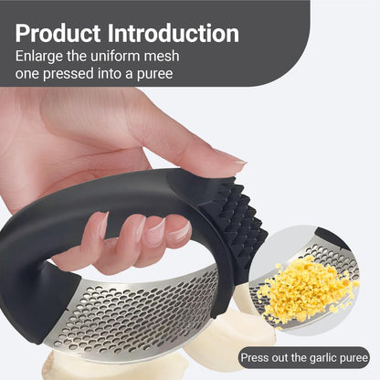 Garlic Press Rocker, Stainless Steel Garlic Mincer and Garlic Crusher, Easy-Squeeze Garlic Tool with Peeler and Cleaning Brush for Smashing Garlic