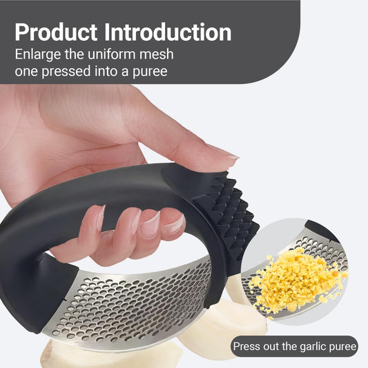 Garlic Press Rocker, Stainless Steel Garlic Mincer and Garlic Crusher, Easy-Squeeze Garlic Tool with Peeler and Cleaning Brush for Smashing Garlic