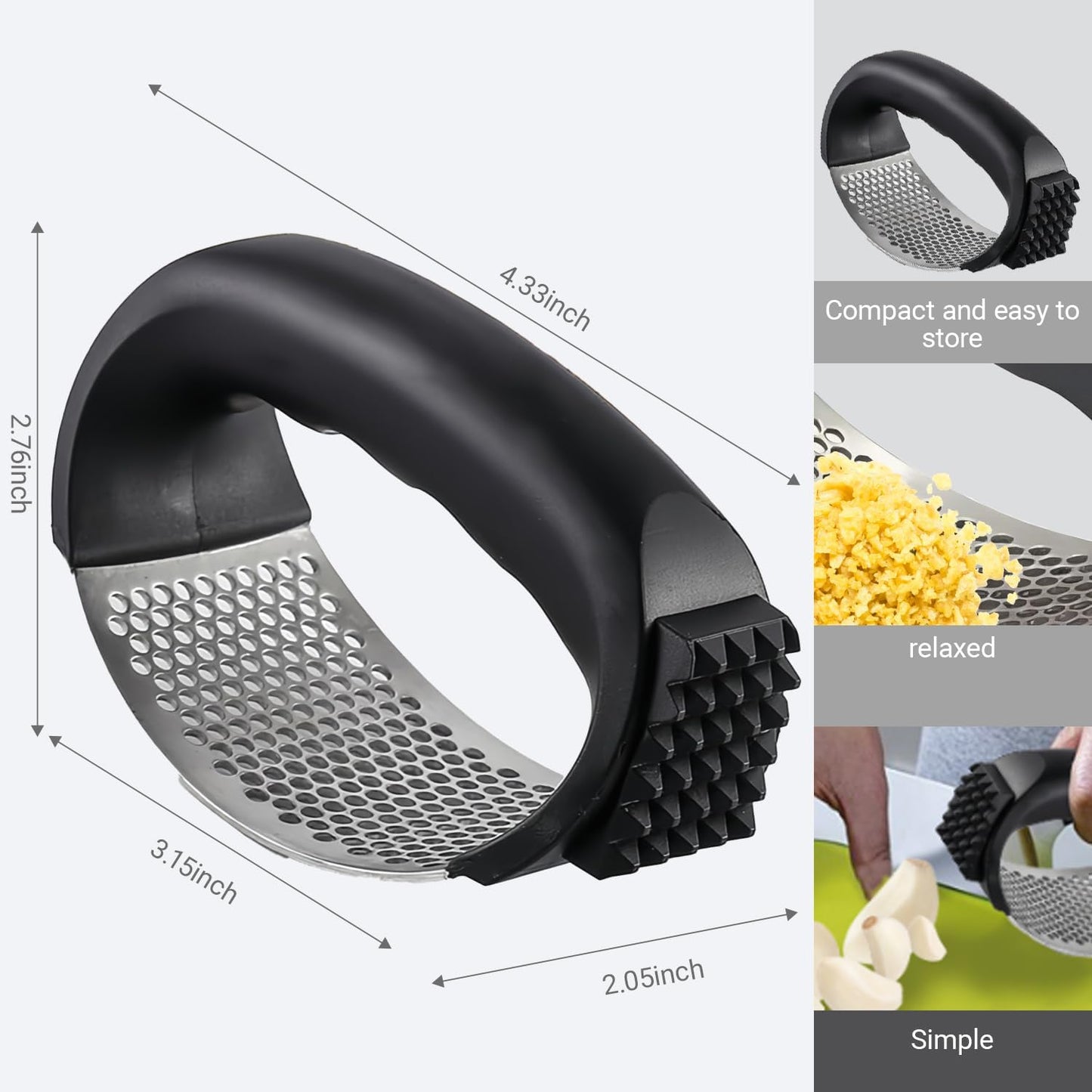 Garlic Press Rocker, Stainless Steel Garlic Mincer and Garlic Crusher, Easy-Squeeze Garlic Tool with Peeler and Cleaning Brush for Smashing Garlic