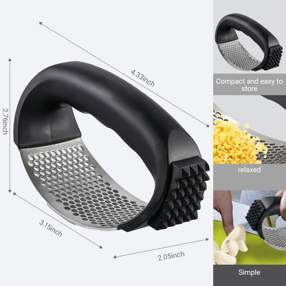 Garlic Press Rocker, Stainless Steel Garlic Mincer and Garlic Crusher, Easy-Squeeze Garlic Tool with Peeler and Cleaning Brush for Smashing Garlic