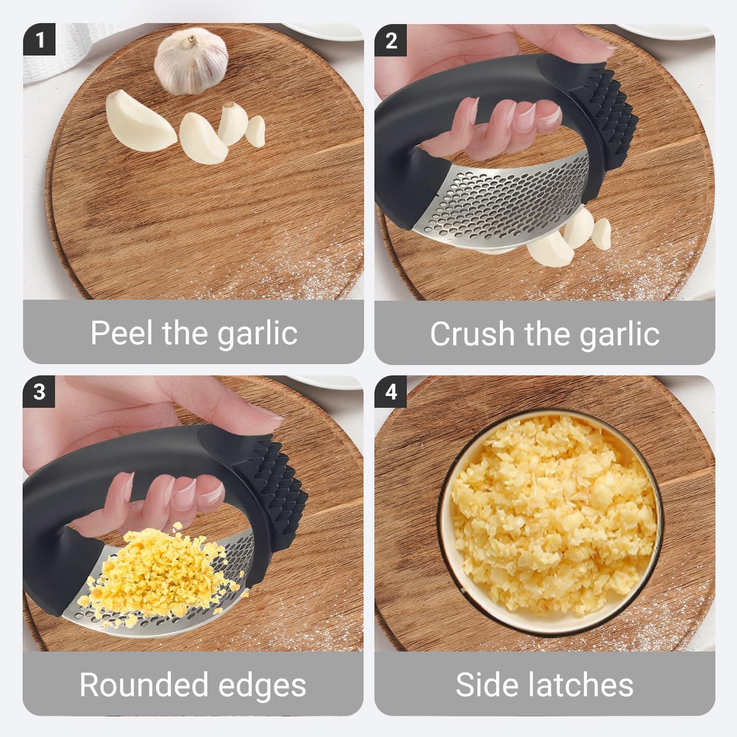 Garlic Press Rocker, Stainless Steel Garlic Mincer and Garlic Crusher, Easy-Squeeze Garlic Tool with Peeler and Cleaning Brush for Smashing Garlic