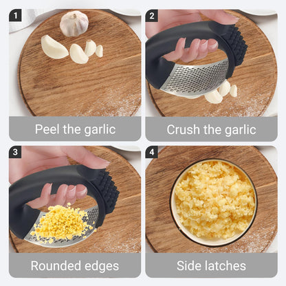 Garlic Press Rocker, Stainless Steel Garlic Mincer and Garlic Crusher, Easy-Squeeze Garlic Tool with Peeler and Cleaning Brush for Smashing Garlic