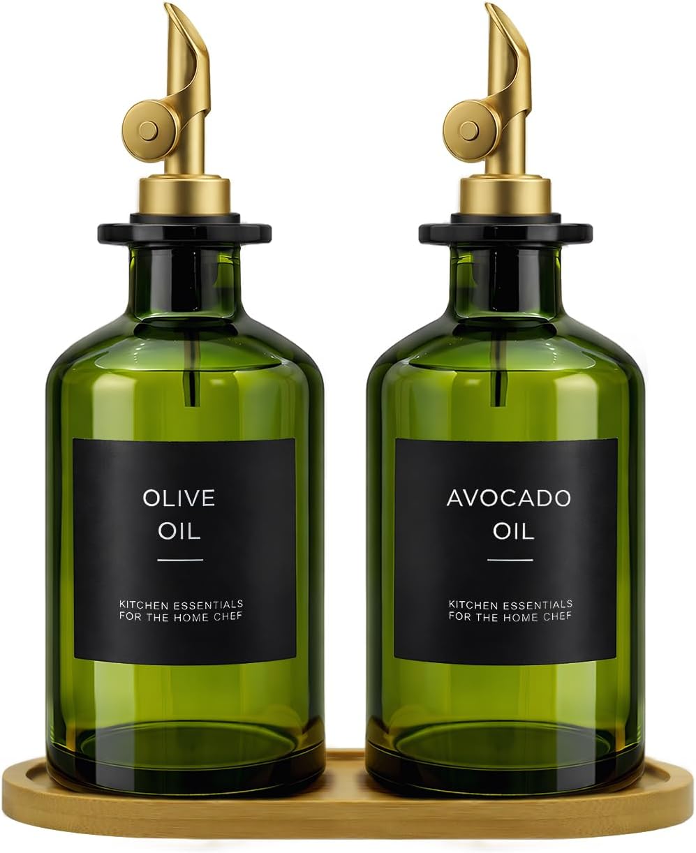 Olive Oil Dispenser Set, 2 x 11.8oz Deep Green Glass Bottles with Auto-Flip Spouts & 2 Capped Spare Spouts, Bamboo Tray, Oil & Vinegar Cruet (Green)