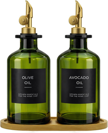 Olive Oil Dispenser Set, 2 x 11.8oz Deep Green Glass Bottles with Auto-Flip Spouts & 2 Capped Spare Spouts, Bamboo Tray, Oil & Vinegar Cruet (Green)