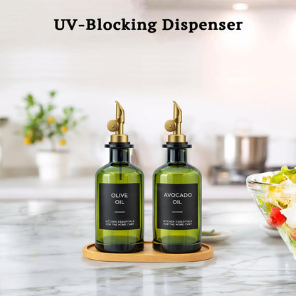 Olive Oil Dispenser Set, 2 x 11.8oz Deep Green Glass Bottles with Auto-Flip Spouts & 2 Capped Spare Spouts, Bamboo Tray, Oil & Vinegar Cruet (Green)