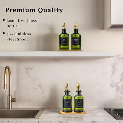 Olive Oil Dispenser Set, 2 x 11.8oz Deep Green Glass Bottles with Auto-Flip Spouts & 2 Capped Spare Spouts, Bamboo Tray, Oil & Vinegar Cruet (Green)